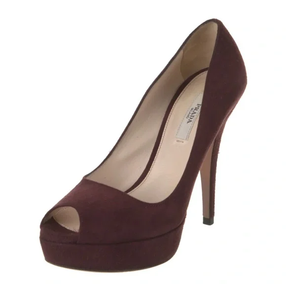 Prada | Shoes | Suede Prada Peeptoe Pumps Sz 38 | Poshmark Prada Burgundy Peep-Toe Heels main image 0
